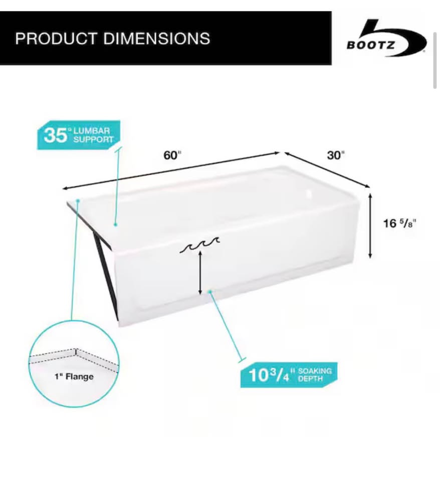 Bootz Maui 60” x 30” Alcove Soaking Bathtub