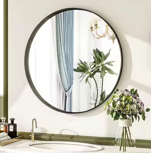 YVANLA 30" Round Black Deep-Framed Bathroom Mirror