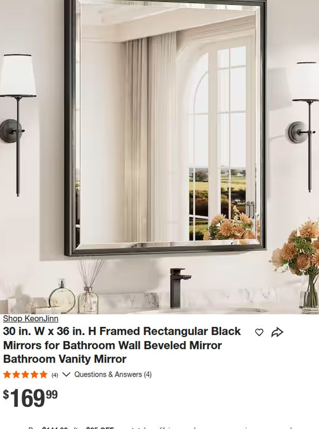 KeonJinn 30x36 Framed Black Bathroom Mirror