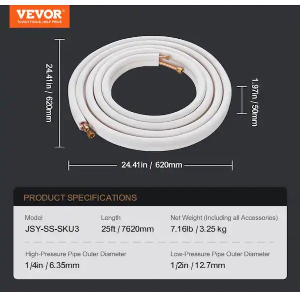 VEVOR 25 ft. Mini Split Line Set 1/4 in. and 1/2 in. O.D Copper Pipes with Triple-Layer Insulation