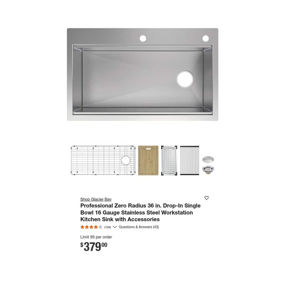 Glacier Bay Professional 36" Zero Radius Workstation Kitchen Sink