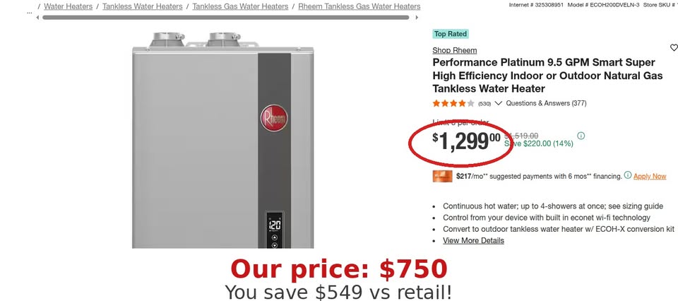 Rheem Performance Platinum 9.5 GPM Indoor/Outdoor Natural Gas Tankless Water Heater