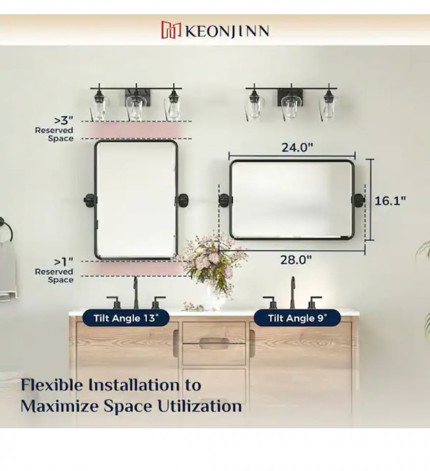 KeonJinn 16x24 Black Framed Pivot Bathroom Mirror