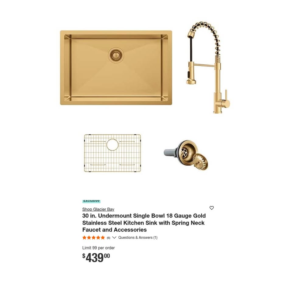 Glacier Bay 30 in. Gold Undermount Kitchen Sink with Spring Neck Faucet