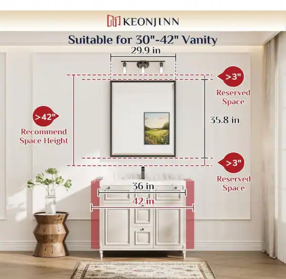 KeonJinn 30x36 Framed Black Bathroom Mirror