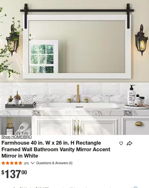 HOMEIBRO 40x26 White Farmhouse Framed Bathroom Mirror
