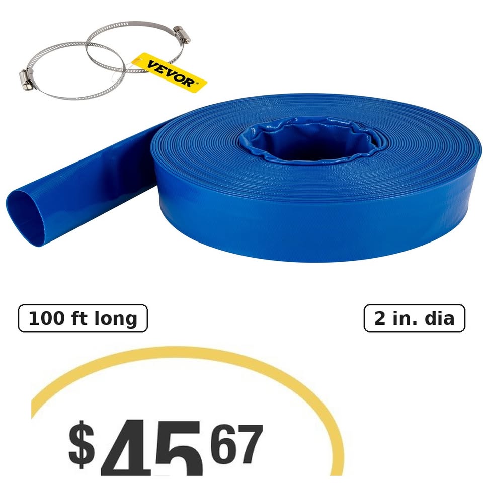 VEVOR Backwash Hose 2 in. x 100 ft Blue PVC Hose with Clamps