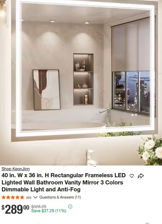 KeonJinn 40x36 Frameless LED Lighted Bathroom Mirror