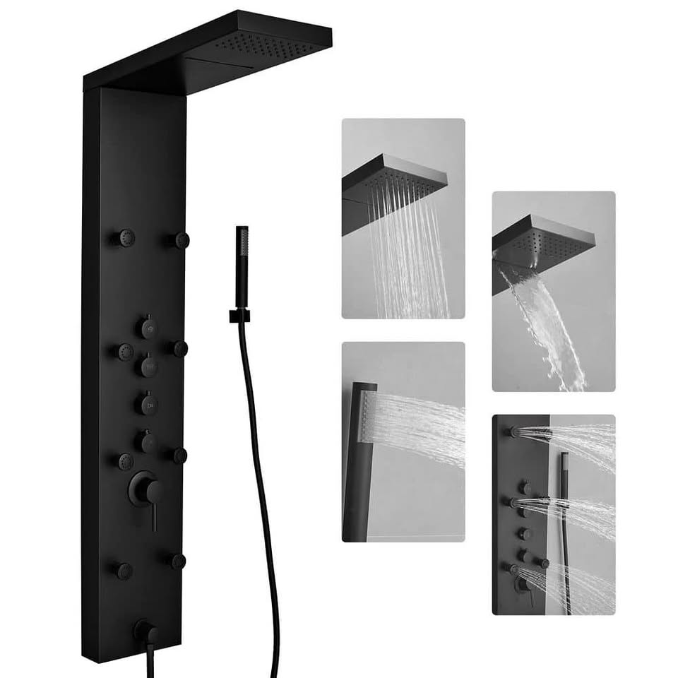 BATHADORE 5-Mode Rainfall Shower Panel with LED Light, Matte Black