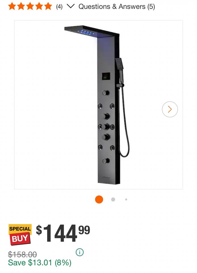 BATHADORE 5-Mode Rainfall Shower Panel with LED Light, Matte Black