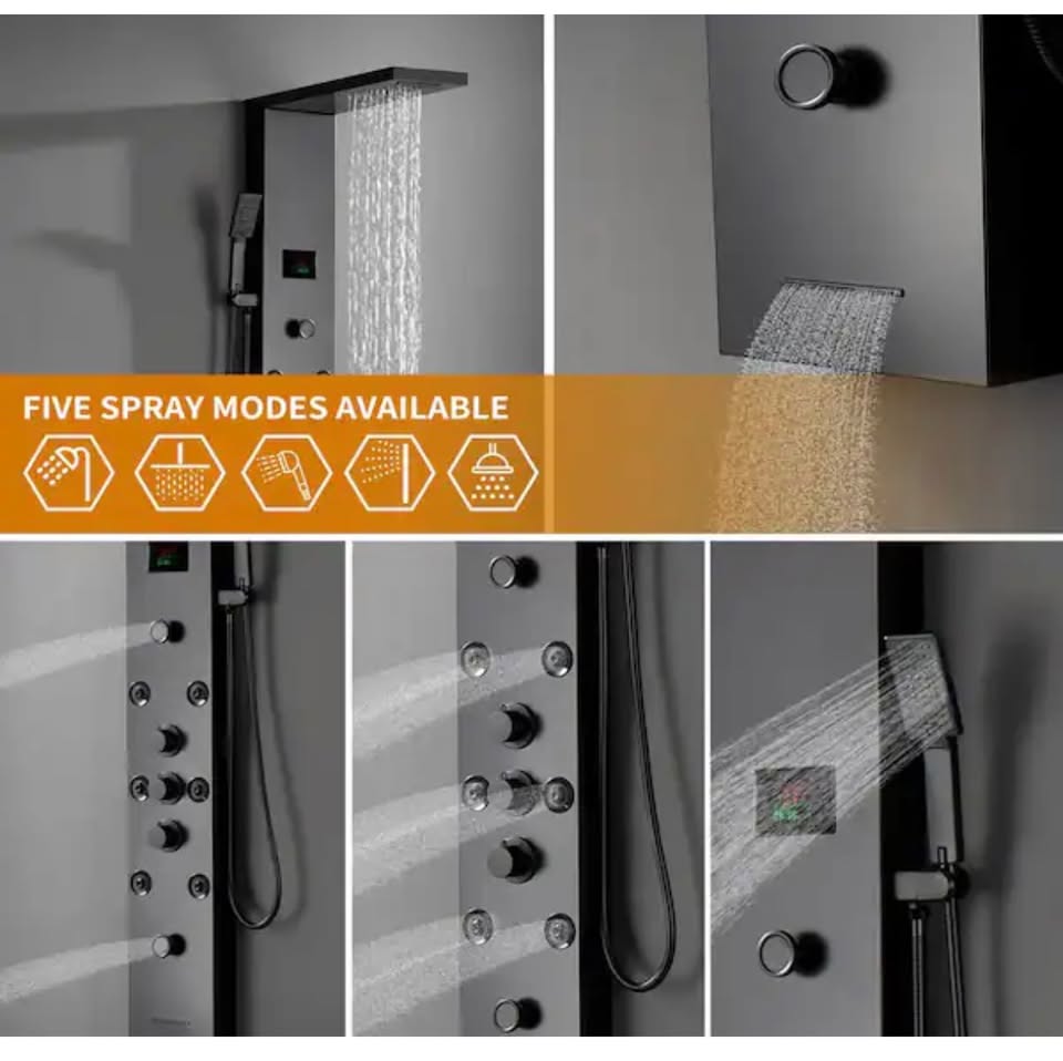 BATHADORE 5-Mode Rainfall Shower Panel with LED Light, Matte Black