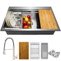 AKDY Handmade 33x22 Top Mount Single Bowl Kitchen Sink with Spring Neck Faucet