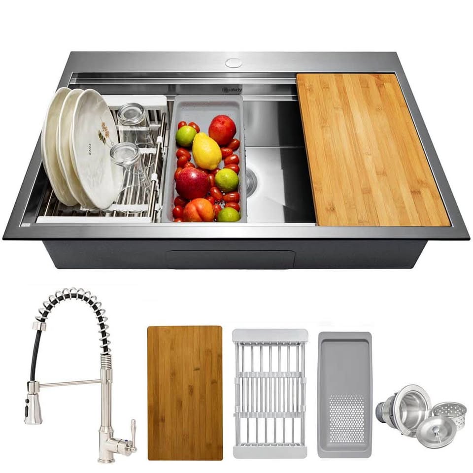 AKDY Handmade 33x22 Top Mount Single Bowl Kitchen Sink with Spring Neck Faucet