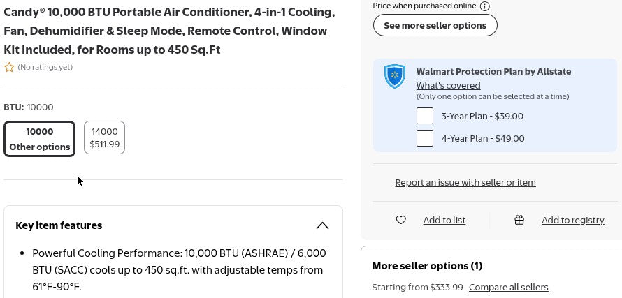 Candy 10,000 BTU Portable Air Conditioner - 4-in-1 with Remote and Window Kit