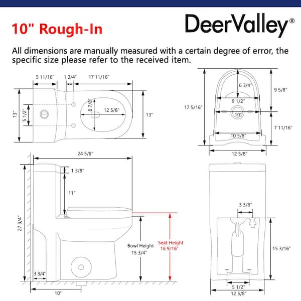DeerValley Liberty 10 in. Rough-In One-Piece Toilet – Dual Flush, Soft-Close Seat Included, White