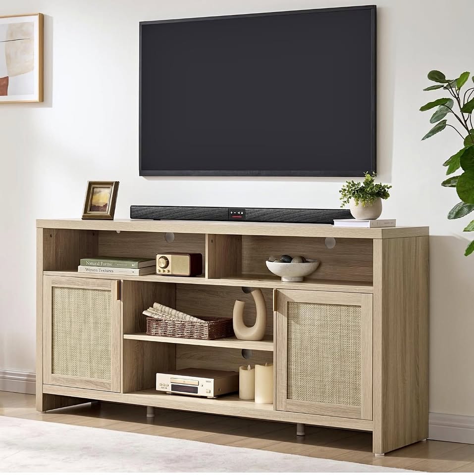 SICOTAS 63 in. Rattan TV Stand for TVs up to 65 in. – Light Oak