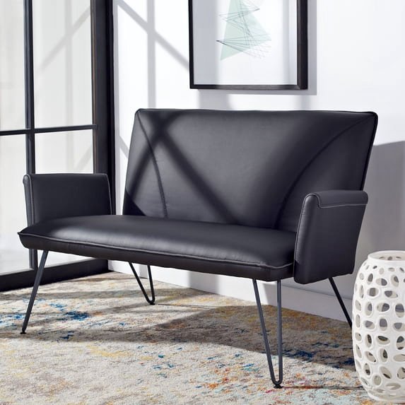 Safavieh Johannes Mid-Century Leather Settee – 2-Seater Loveseat, Black