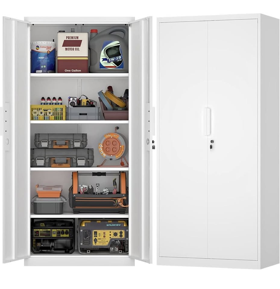 FATIGOS 71 in. Metal Storage Cabinet with Locking Doors – White Garage Cabinet