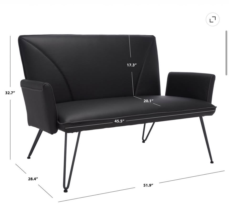 Safavieh Johannes Mid-Century Leather Settee – 2-Seater Loveseat, Black