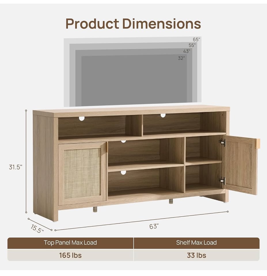 SICOTAS 63 in. Rattan TV Stand for TVs up to 65 in. – Light Oak