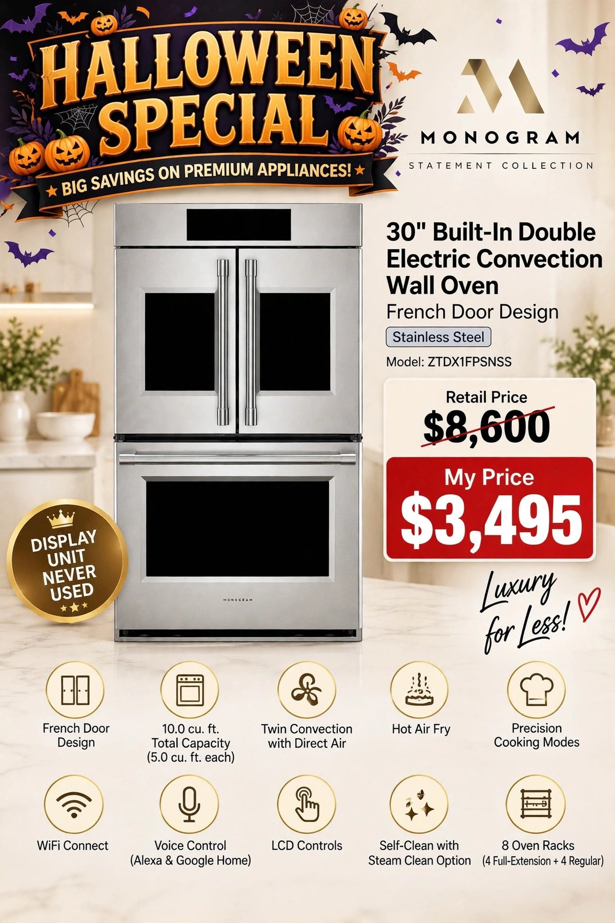 Monogram 30” French Door Built-In Double Electric Convection Wall Oven – Stainless Steel