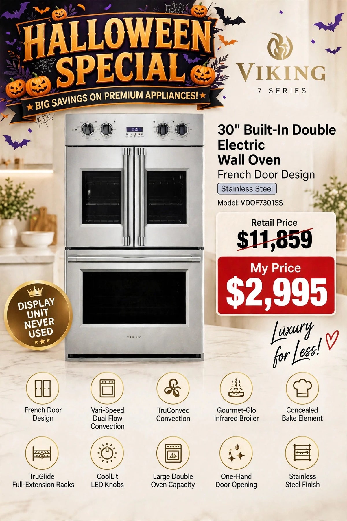 Viking 30” 7 Series French Door Double Electric Oven – Stainless Steel